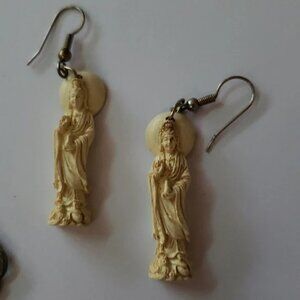 Hand Carved Vintage Goddess Earrings Guan Yin